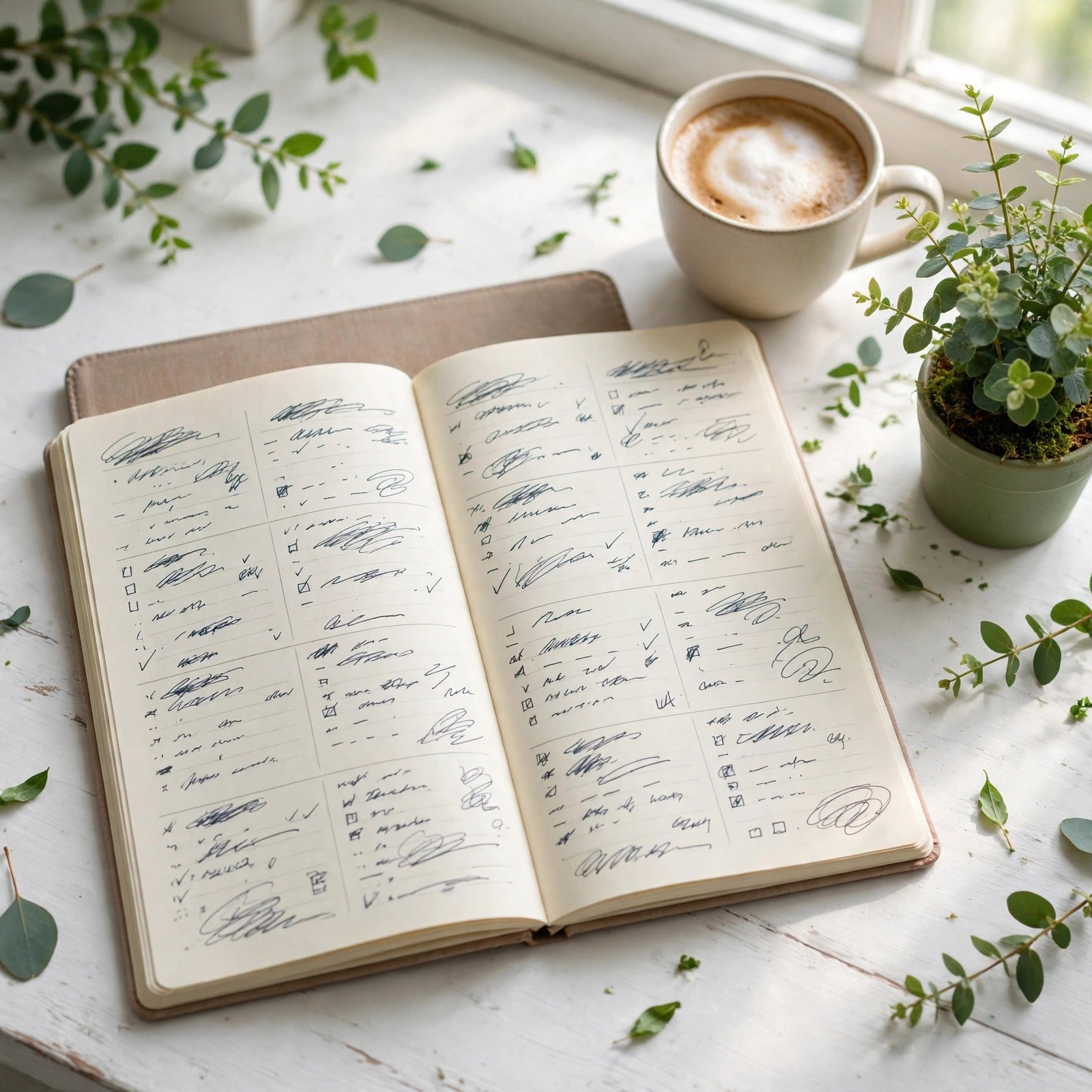Weekly planner with coffee and plant