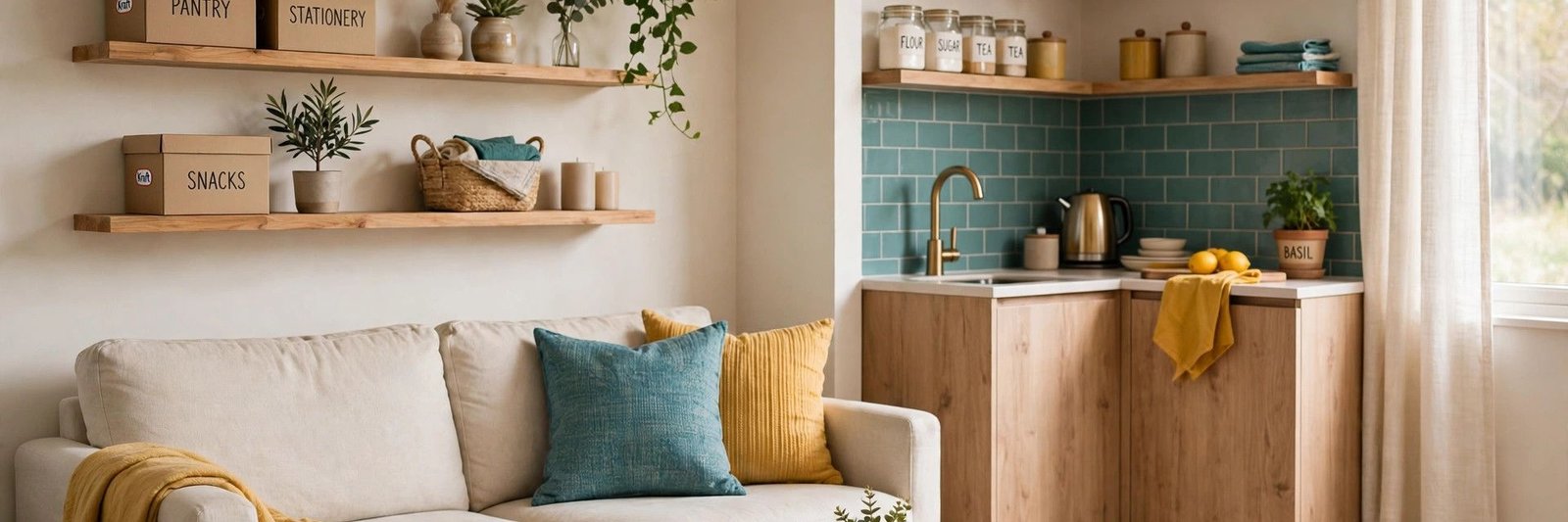 Small space living: cozy organized studio apartment with labeled storage boxes