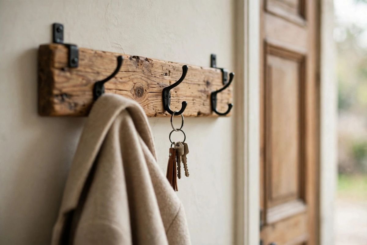 Rustic pine wall hook rail with black metal hooks holding a coat and keys by a door