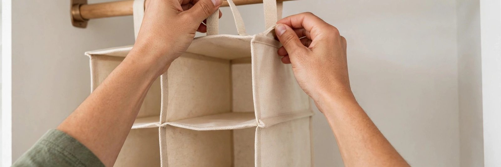 Hanging a fabric closet shelf organizer onto a closet rod