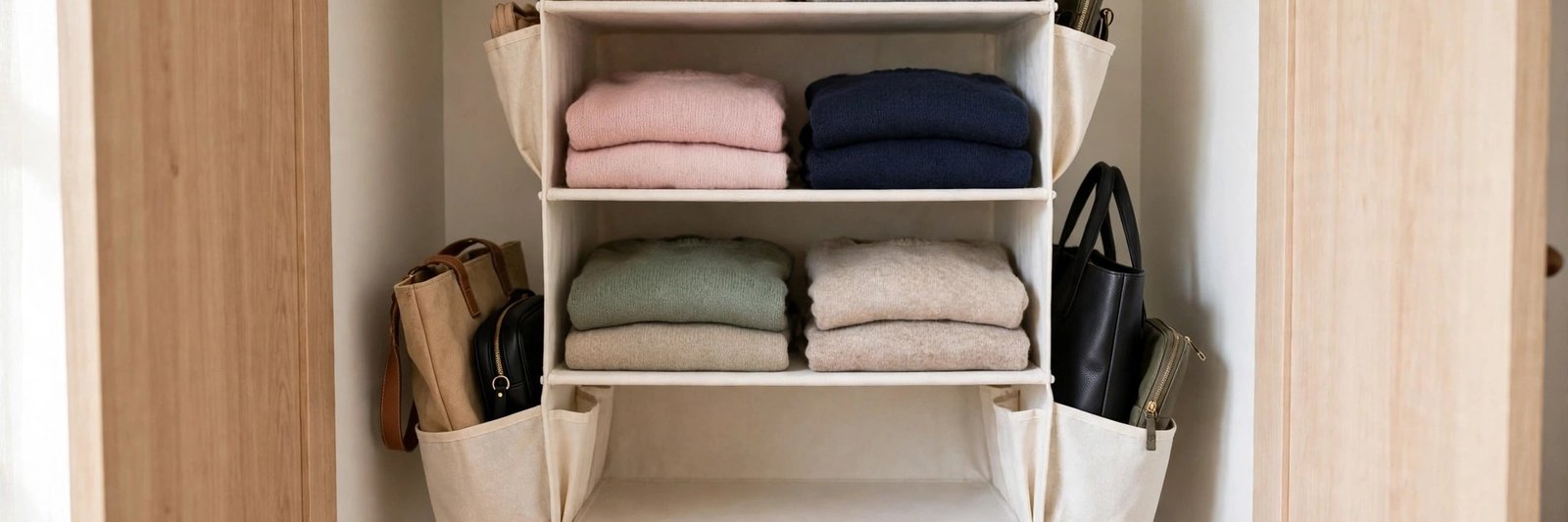 Organized small closet with hanging shelf organizers and side pockets
