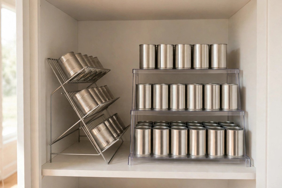 How to organize cans in a deep pantry with a tiered can rack and riser