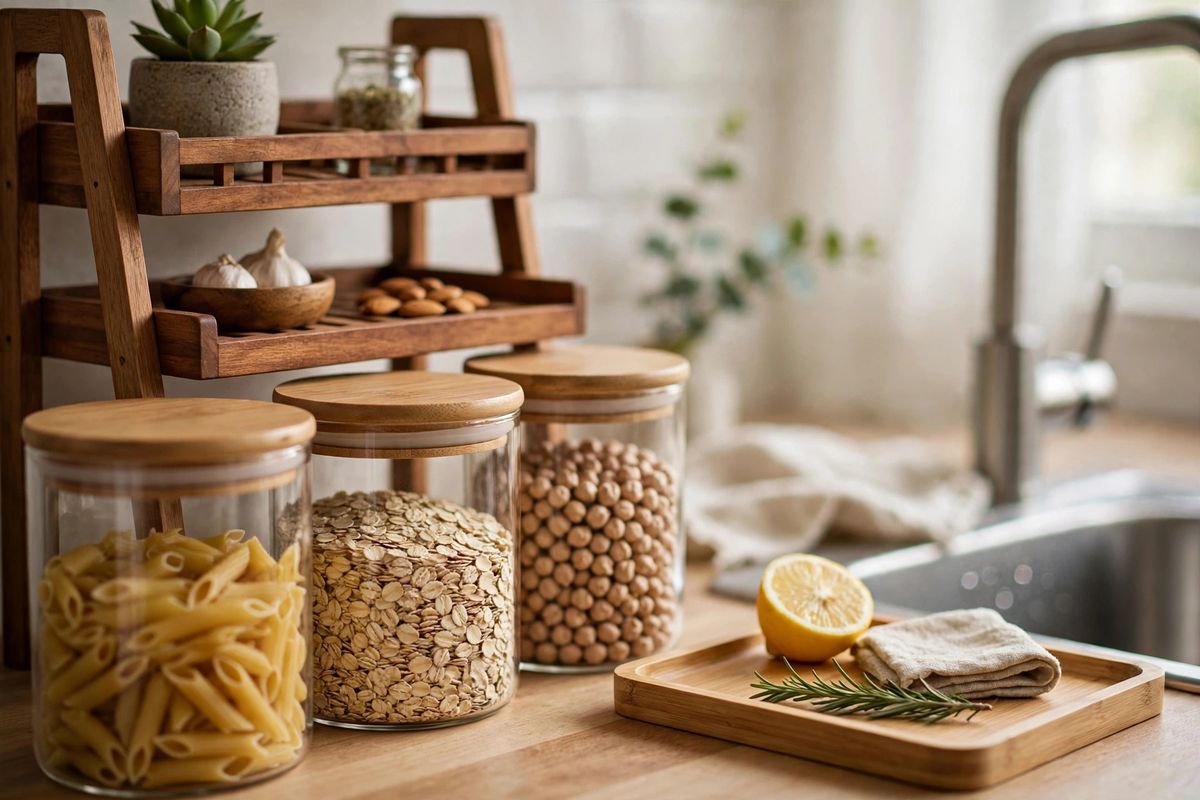 Tidy small kitchen counter with airtight canisters, a two-tier wooden organizer and a bamboo tray
