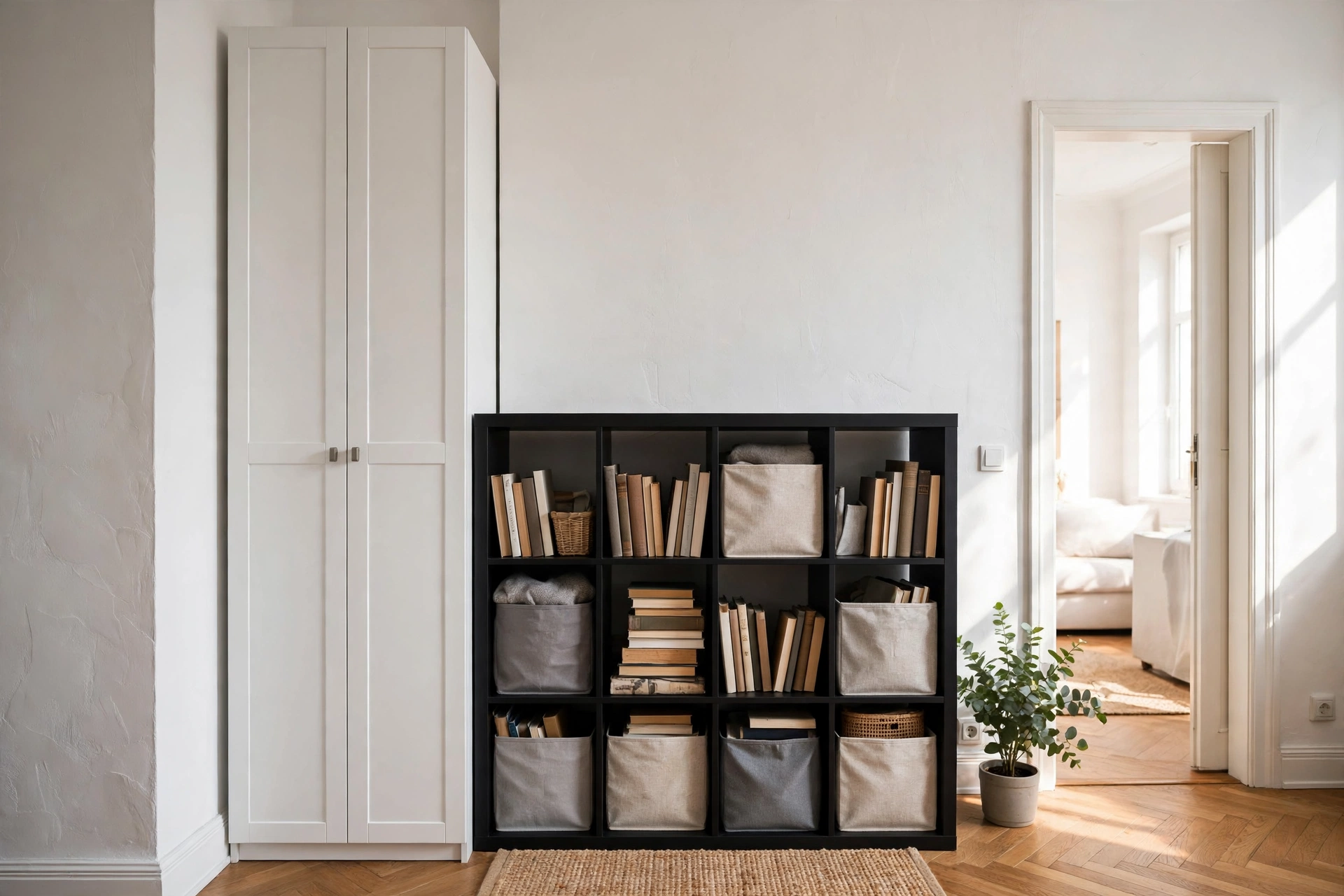 Tall narrow storage cabinet with doors and a modular cube organizer in a small apartment corner