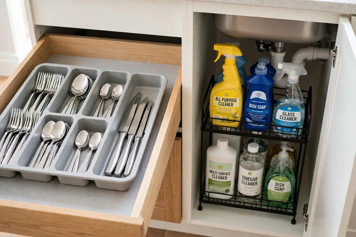 Open kitchen drawer with a compact cutlery organizer and a two-tier organizer in the cabinet below