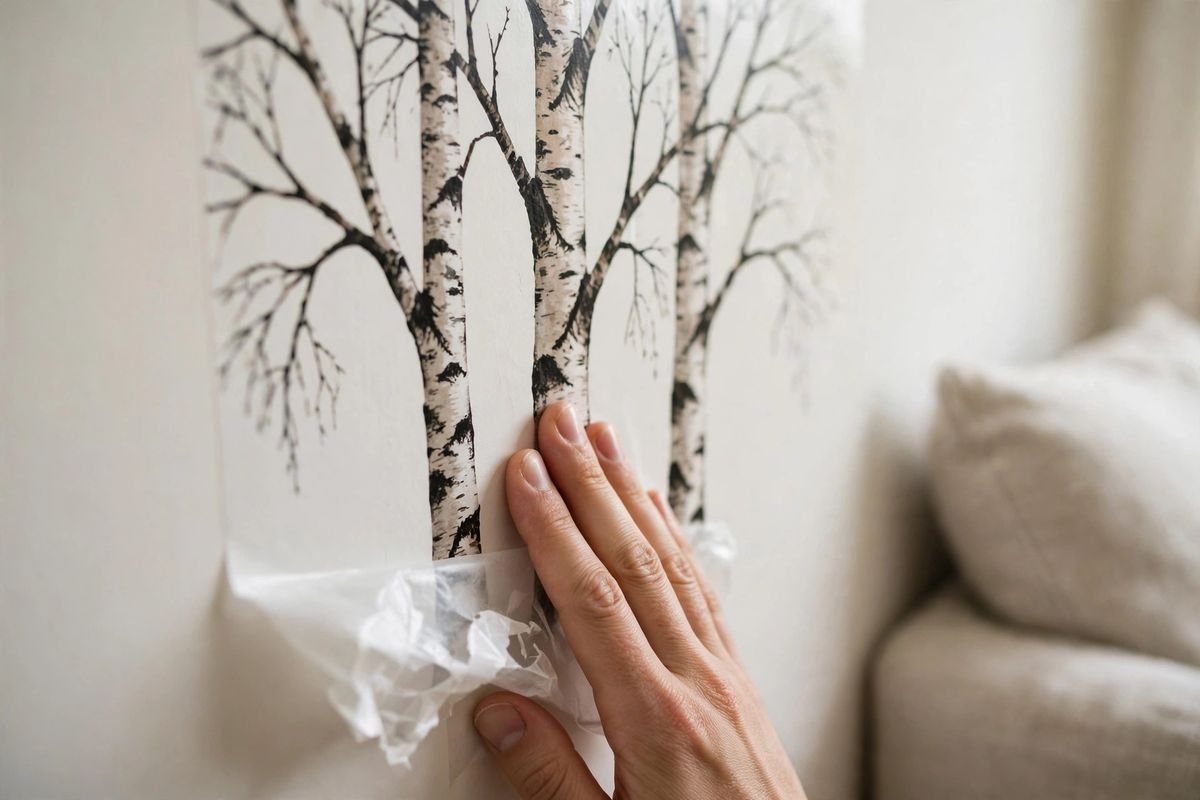 Hand smoothing a large birch tree peel-and-stick wall decal onto a light living room wall