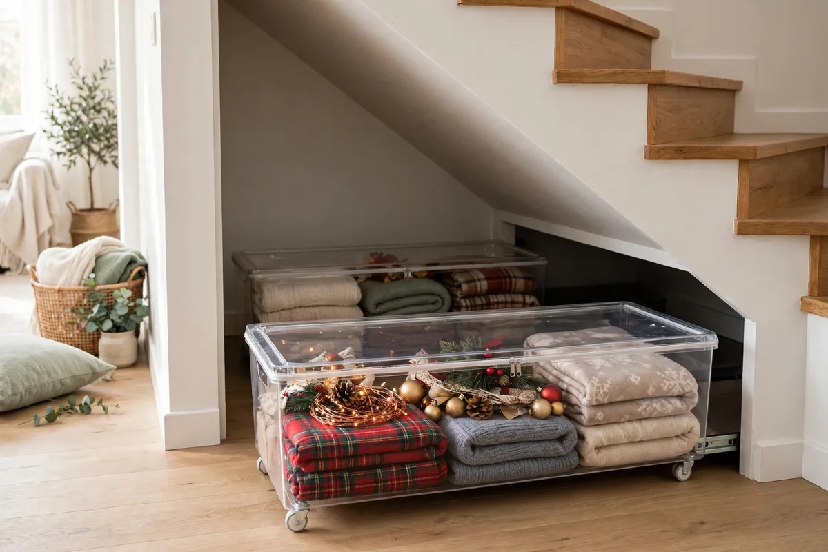 Yecaye rolling storage bins with wheels sliding into the low end of an under stairs closet