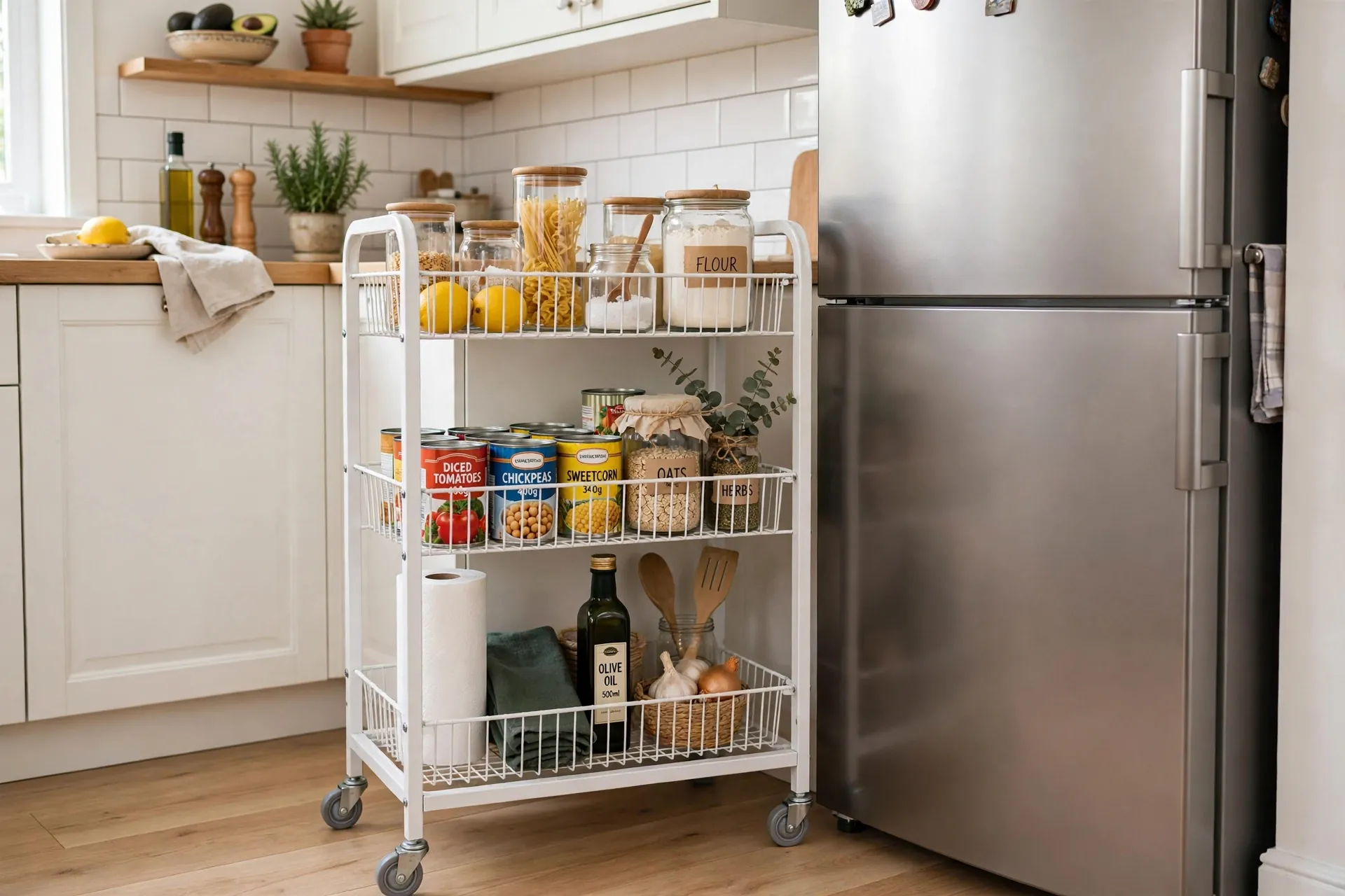 Rolling 3-tier storage cart used as extra pantry storage in a small kitchen