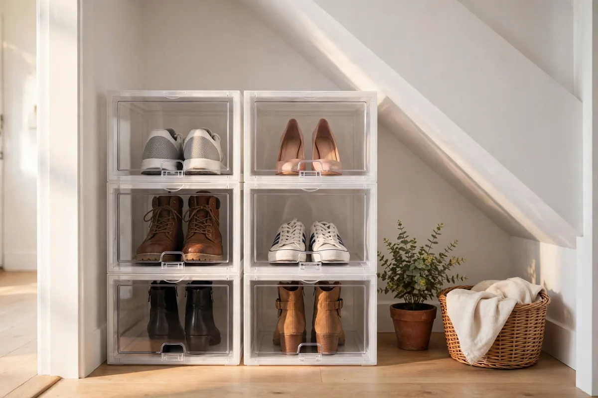 Clear stackable shoe storage boxes with magnetic front doors stacked under the stairs in an entryway closet