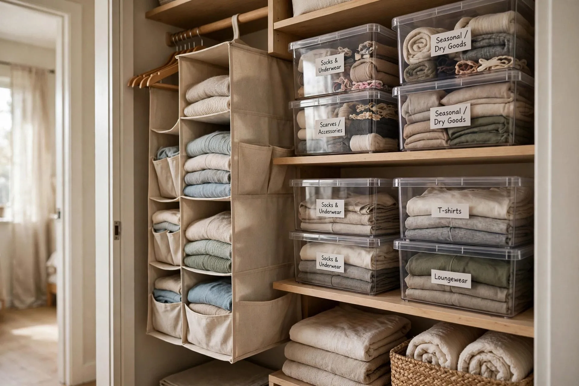 Best storage solutions for small apartments — closet organized with stackable bins and a hanging organizer