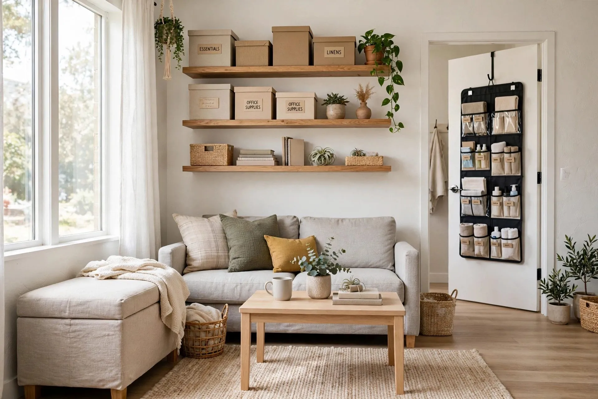Best storage solutions for small apartments — bright organized living room with wall shelves, boxes and baskets