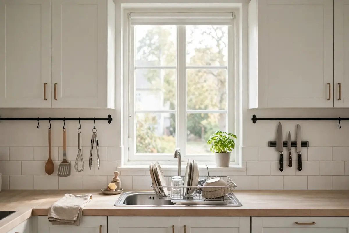 Small kitchen organization with clear counters, a wall rail for utensils and a roll-up rack over the sink