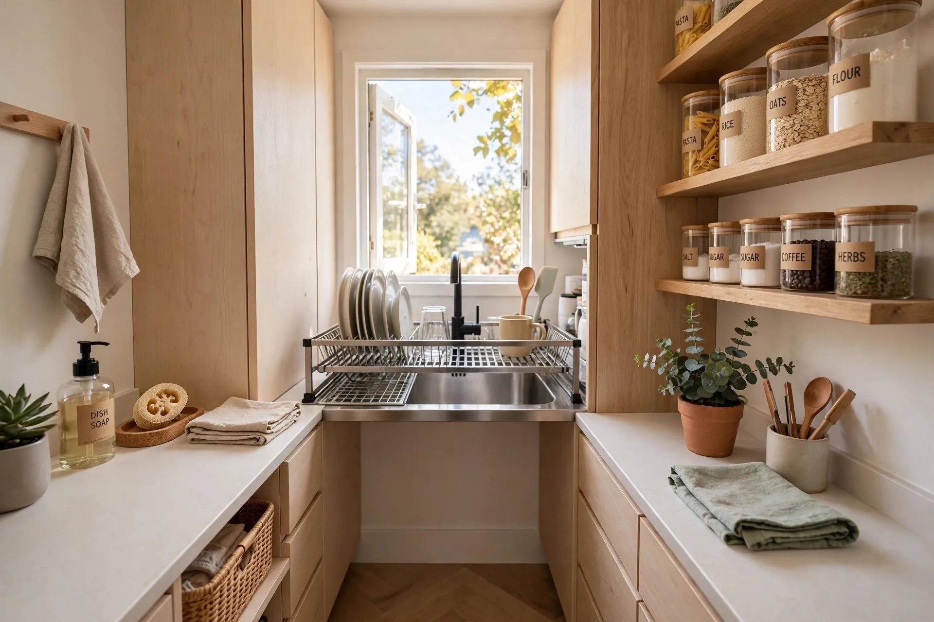 Tiny kitchen organized with over-sink dish rack and wall shelves