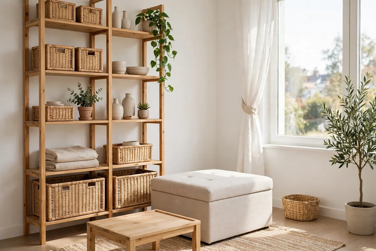 Small living room organized with tall vertical shelves, a storage ottoman and clear surfaces, showing how to use space efficiently