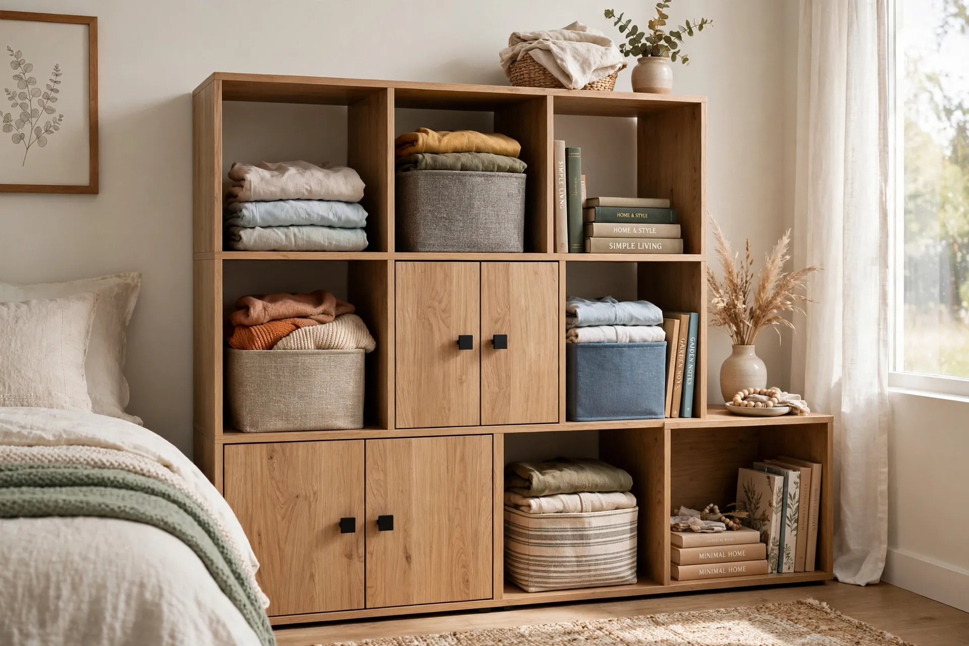 SONGMICS cube storage organizer with doors in a small apartment living room