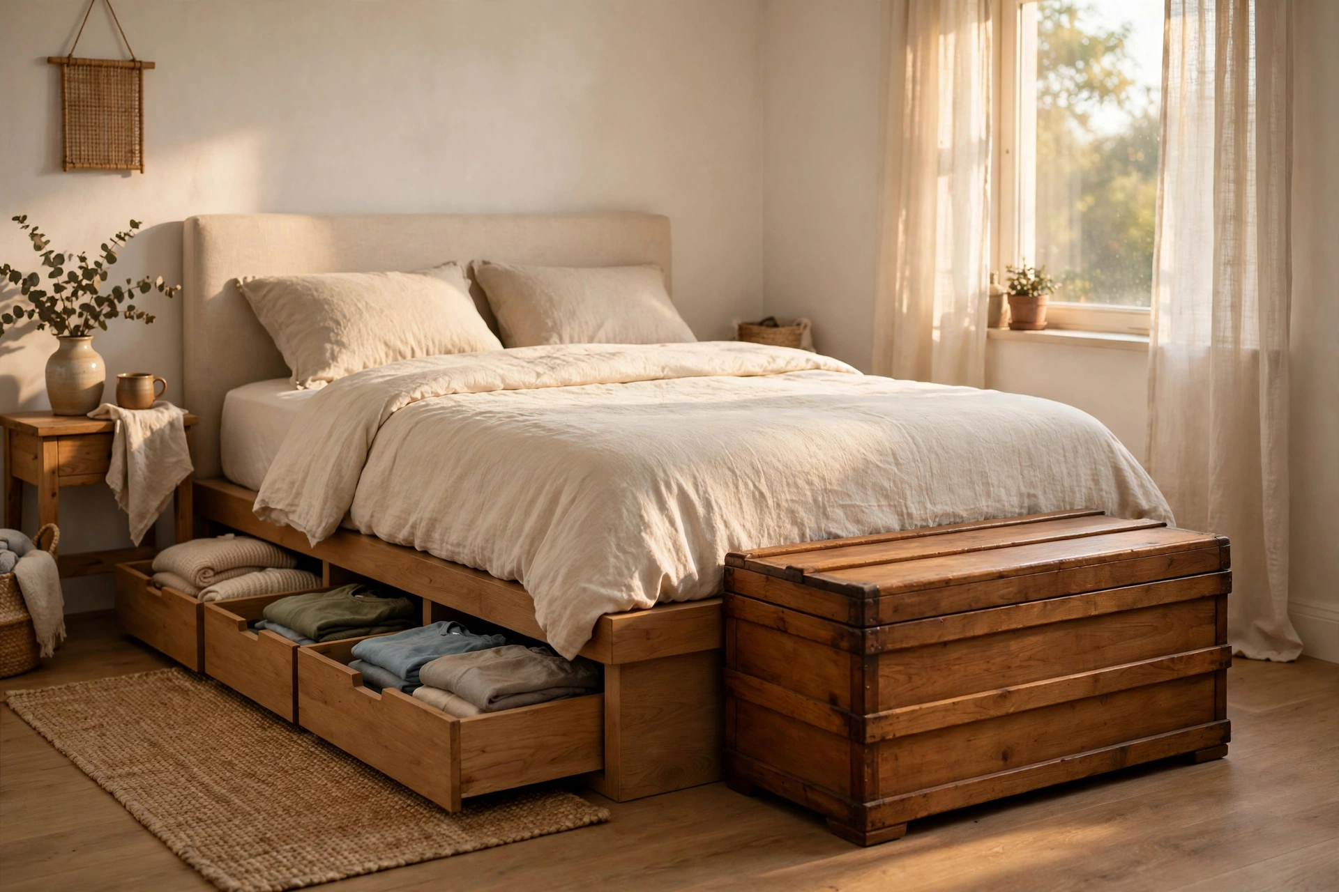Bed frame with storage drawers and a storage trunk bench in a small bedroom