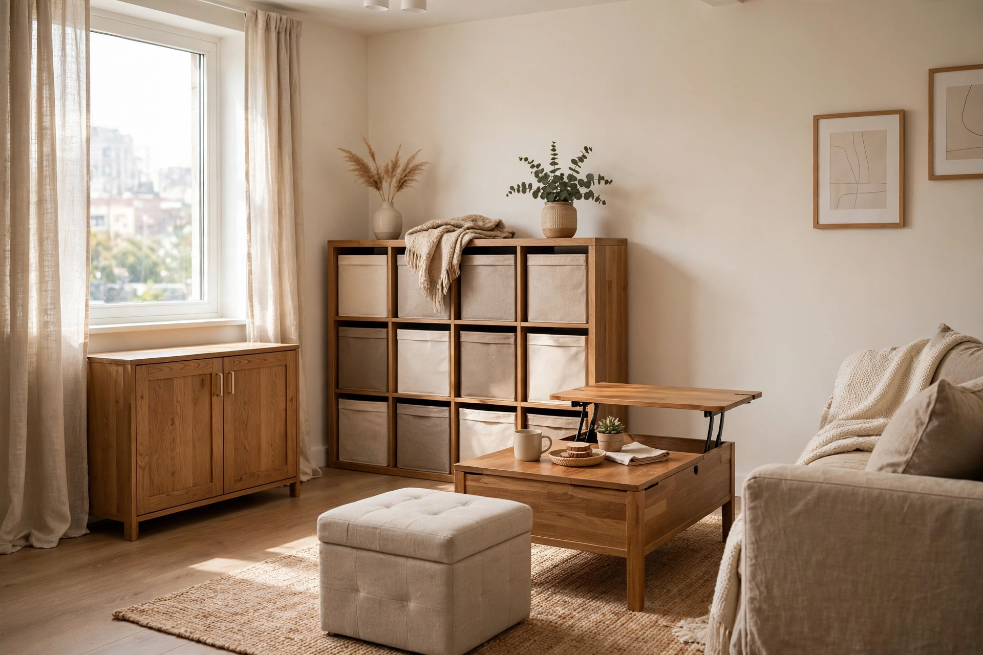 Storage furniture for small spaces in a bright apartment living room with a storage ottoman, cube organizer and cabinet with doors