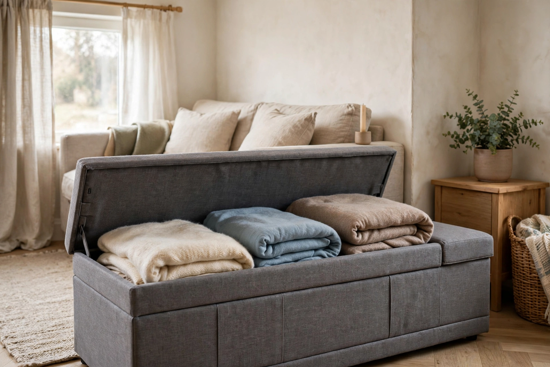 Folding storage ottoman bench with folded blankets inside in a small living room