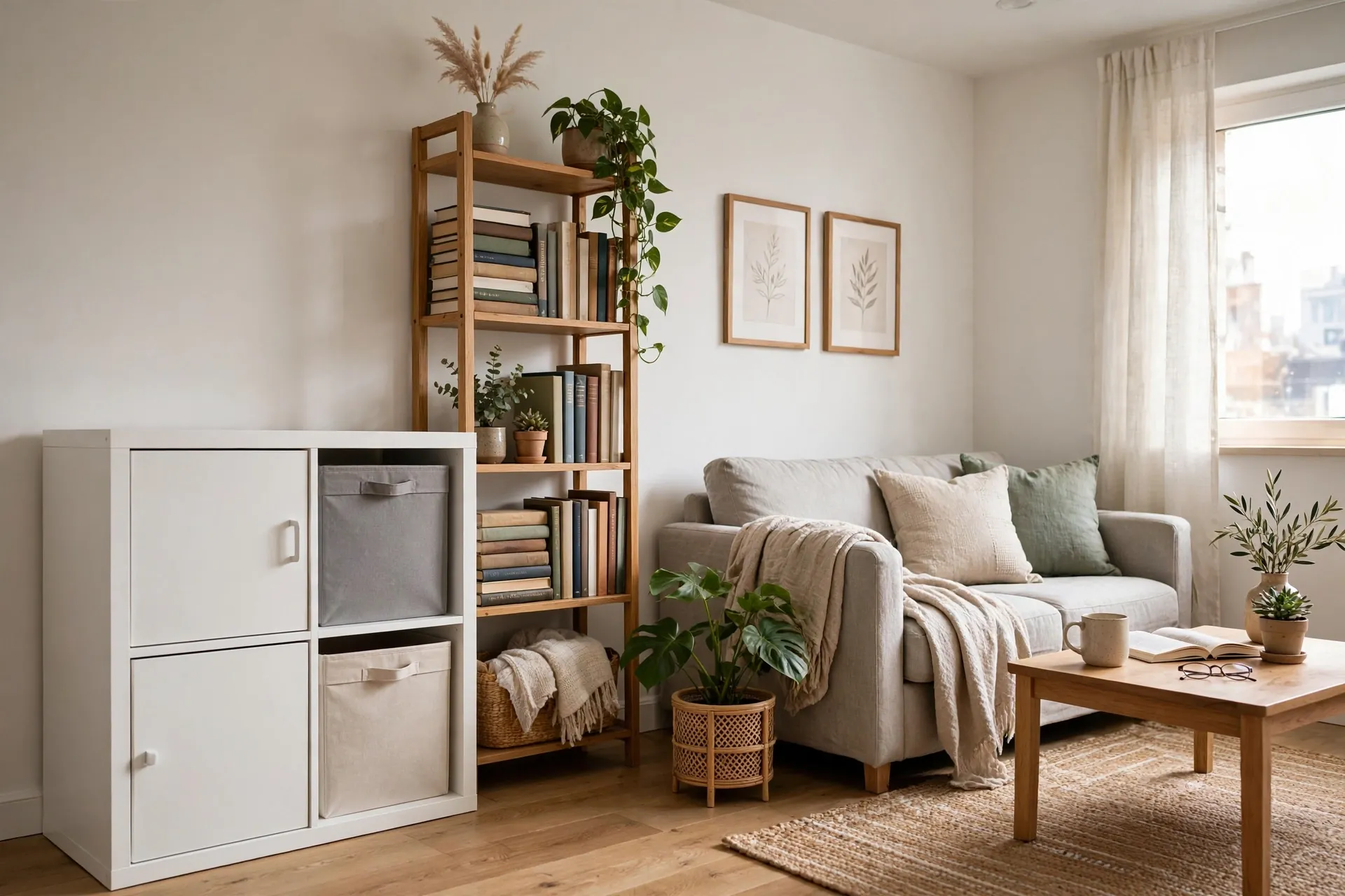 Best storage units for small spaces — cube organizer, narrow bookshelf and rolling cart in a bright small apartment