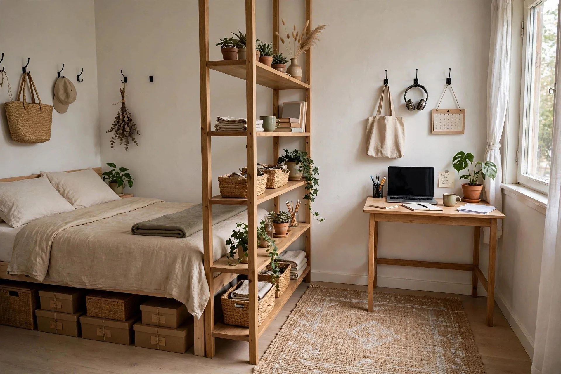 Studio apartment divided into sleep, work and relax zones with shelving in a small space