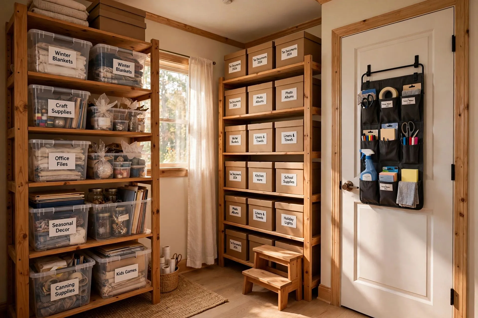Turn a den into storage — small den converted into an organized storage room with shelving and labeled bins