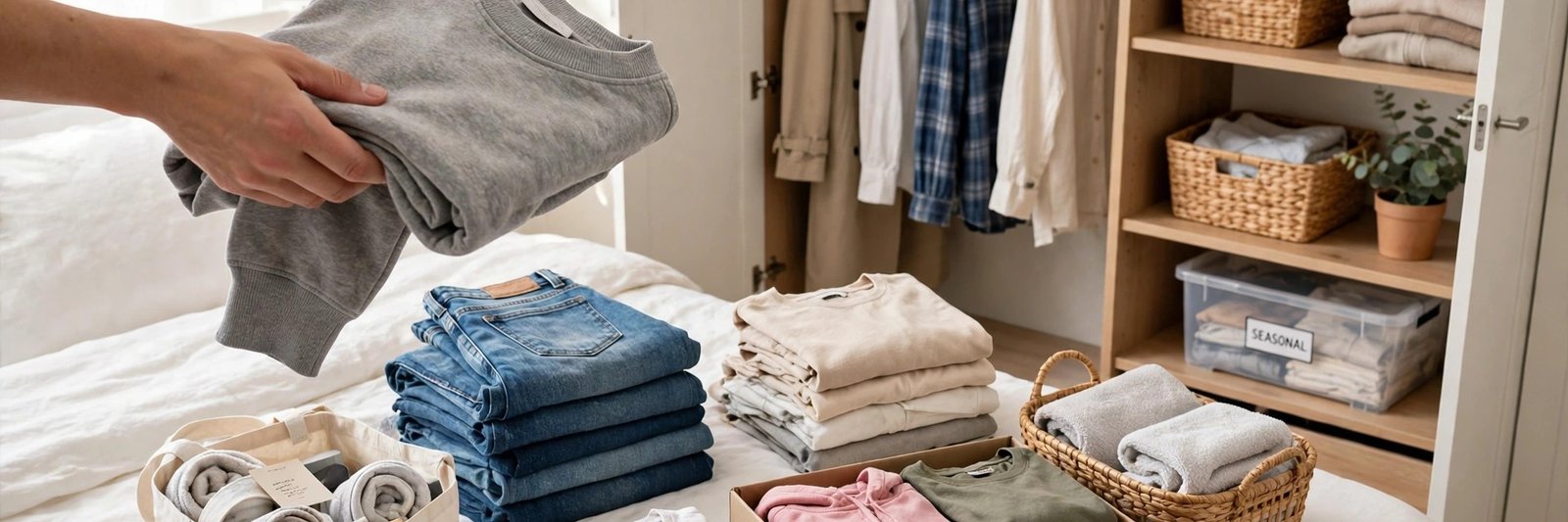 Decluttering a walk-in closet - sorting folded clothes into piles
