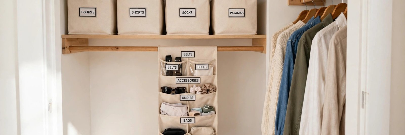 Small walk-in closet fully organized with labelled bins and hanging organizers