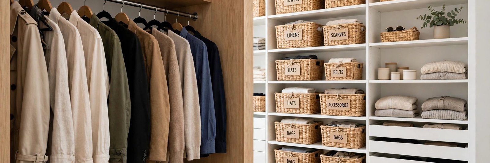 Walk-in closet zones - hanging clothes, shelves with bins, and shoes