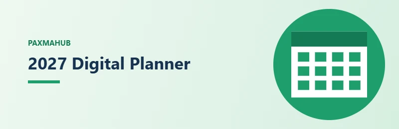 2027 Digital Planner — simple PaxmaHub green illustration of a monthly calendar